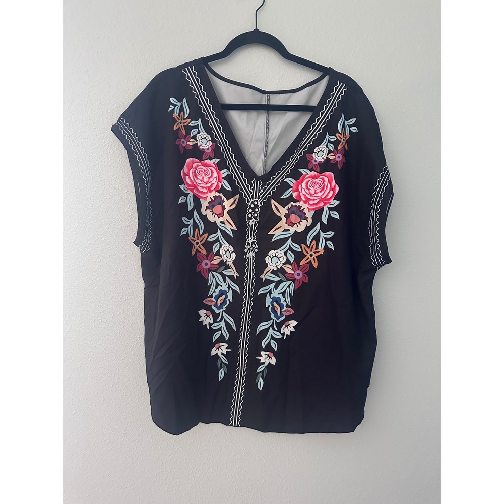 Shein Curve Womens 3XL Black Floral Embroidered Print V-Neck Cap Sleeve Blouse